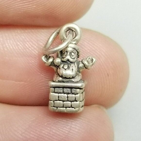 Vintage Tiny Santa Clause Going Down Chimney Sterling Silver Charm Pendant - Picture 1 of 9
